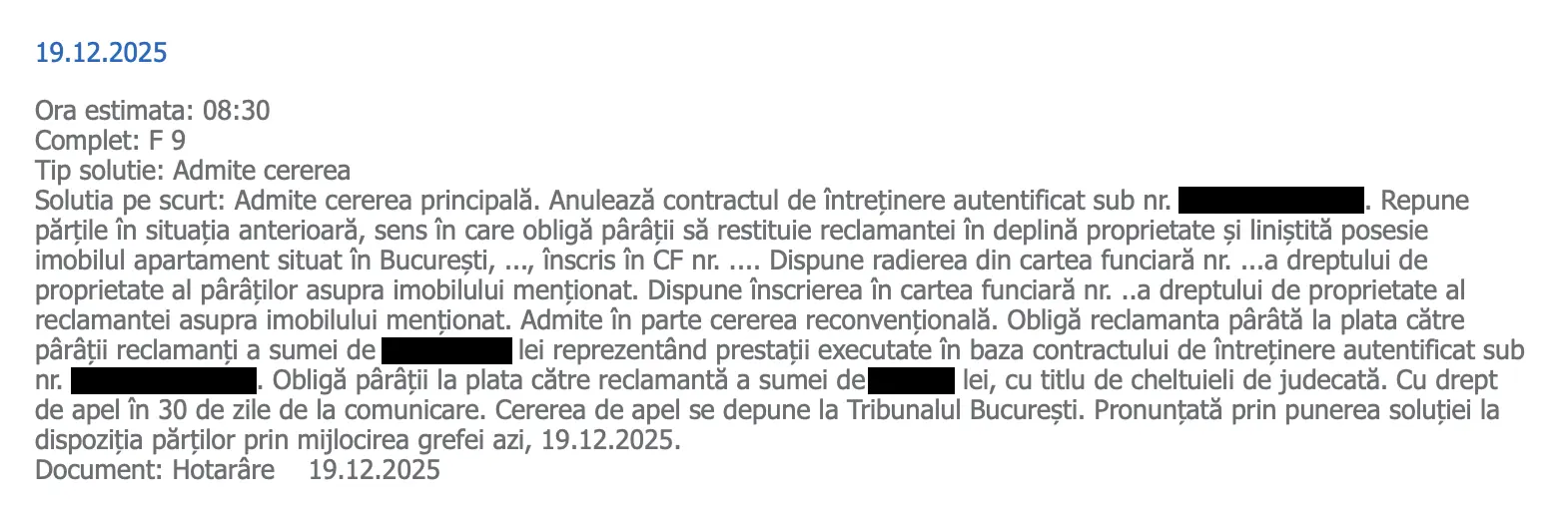Victorie într-un litigiu privind anularea unui contract de întreținere