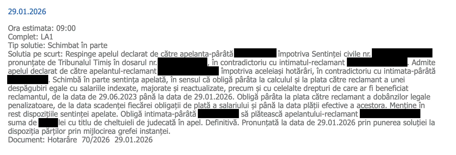 Victorie într-un litigiu de muncă privind concedierea nelegală