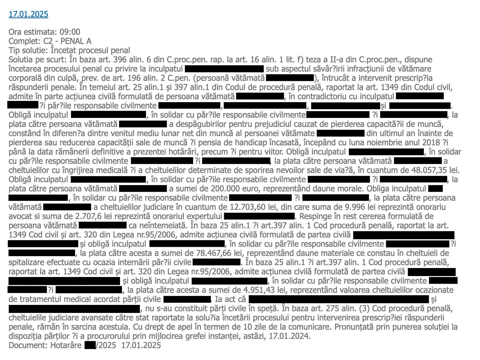 Despăgubiri majore într-un dosar de vătămare corporală din culpă