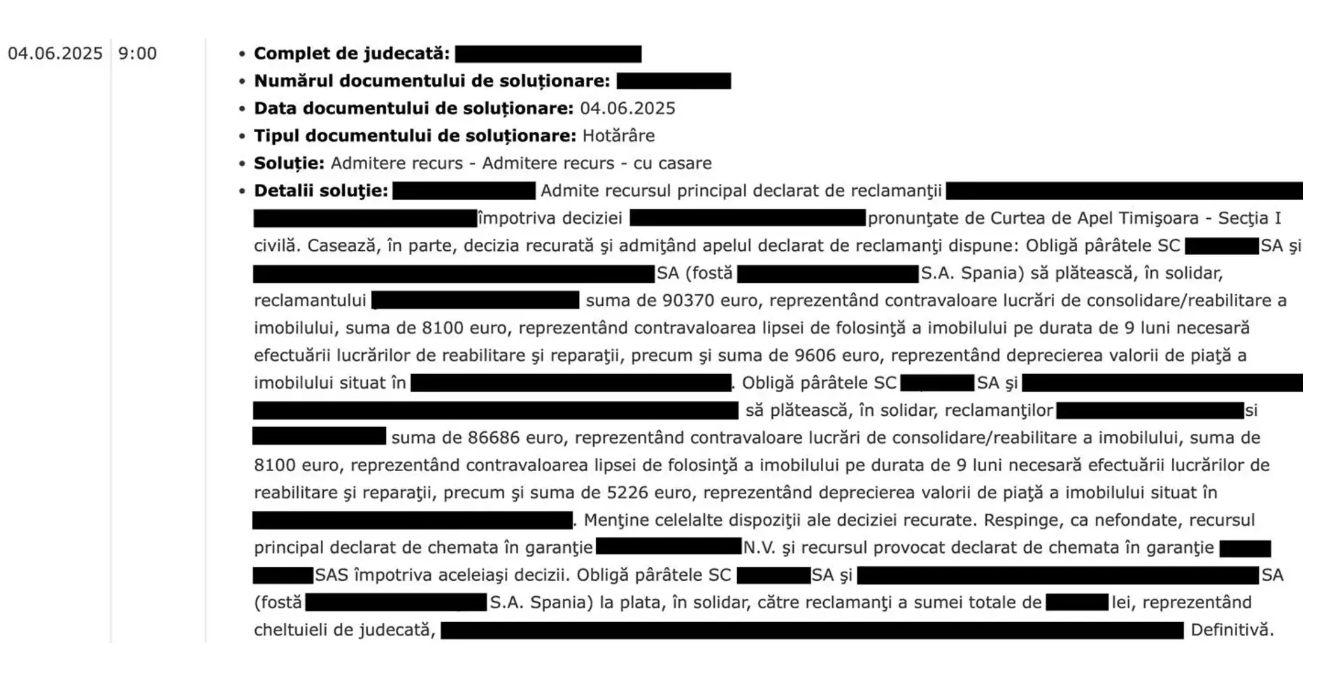 ICCJ - victorie privind răspunderea solidară pentru prejudicii edilitare în Timișoara