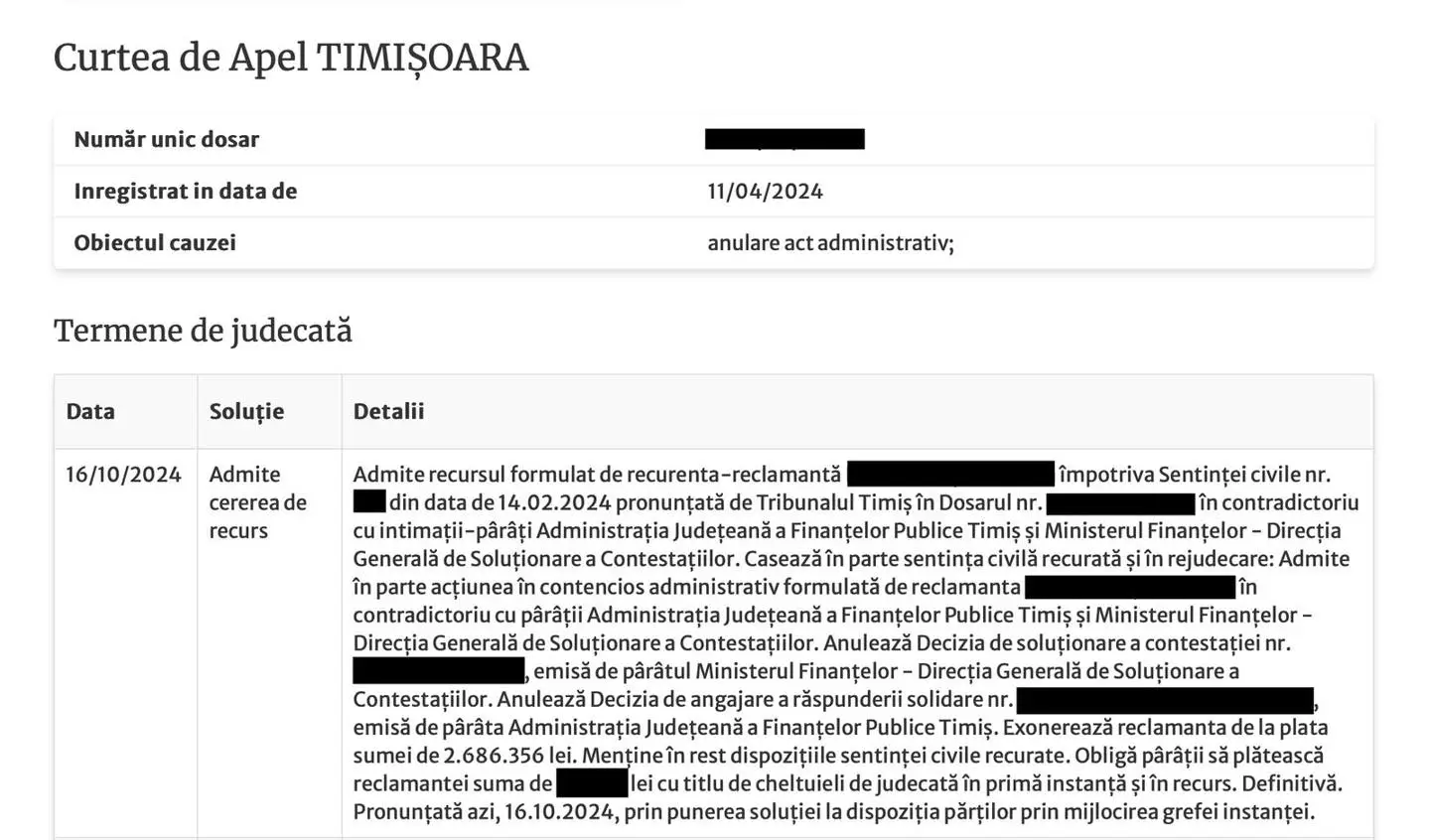 Victorie în materie fiscală la Curtea de Apel Timișoara